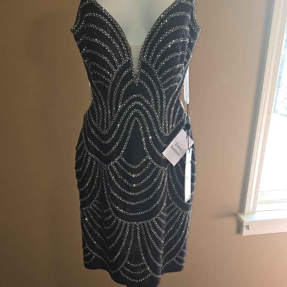 BEADED Jovani Navy Open Back Embellished Cocktail Dress NWT size 4 - Picture 5 of 16